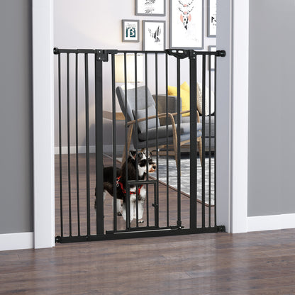 Dog Safety Barrier with 1 Small Door 74-101x104.1 cm Extendable Pet Barrier with Automatic Locking System and Double Lock for Door Hallway Stairs Black