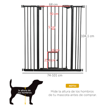 Dog Safety Barrier with 1 Small Door 74-101x104.1 cm Extendable Pet Barrier with Automatic Locking System and Double Lock for Door Hallway Stairs Black
