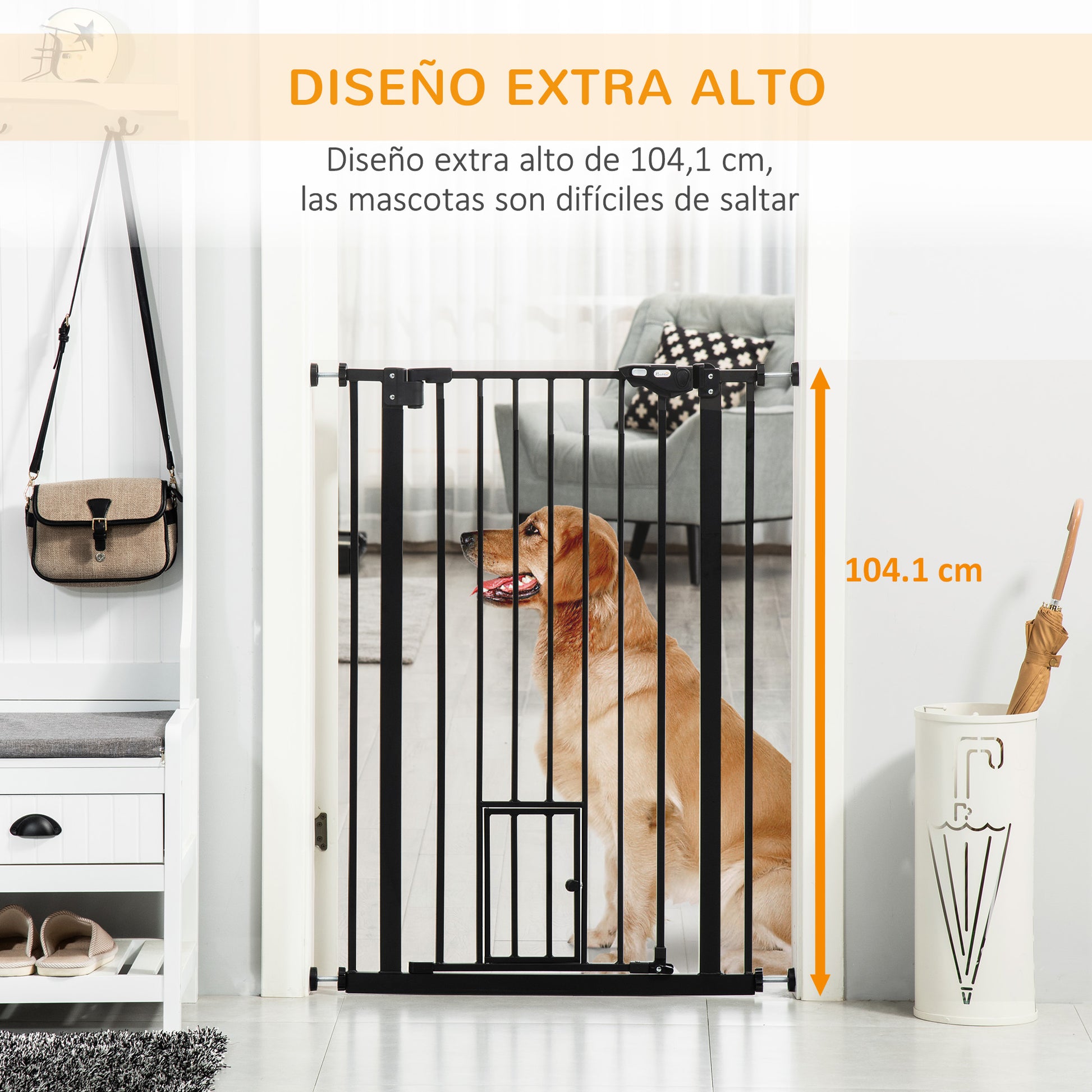 Dog Safety Barrier with 1 Small Door 74-101x104.1 cm Extendable Pet Barrier with Automatic Locking System and Double Lock for Door Hallway Stairs Black