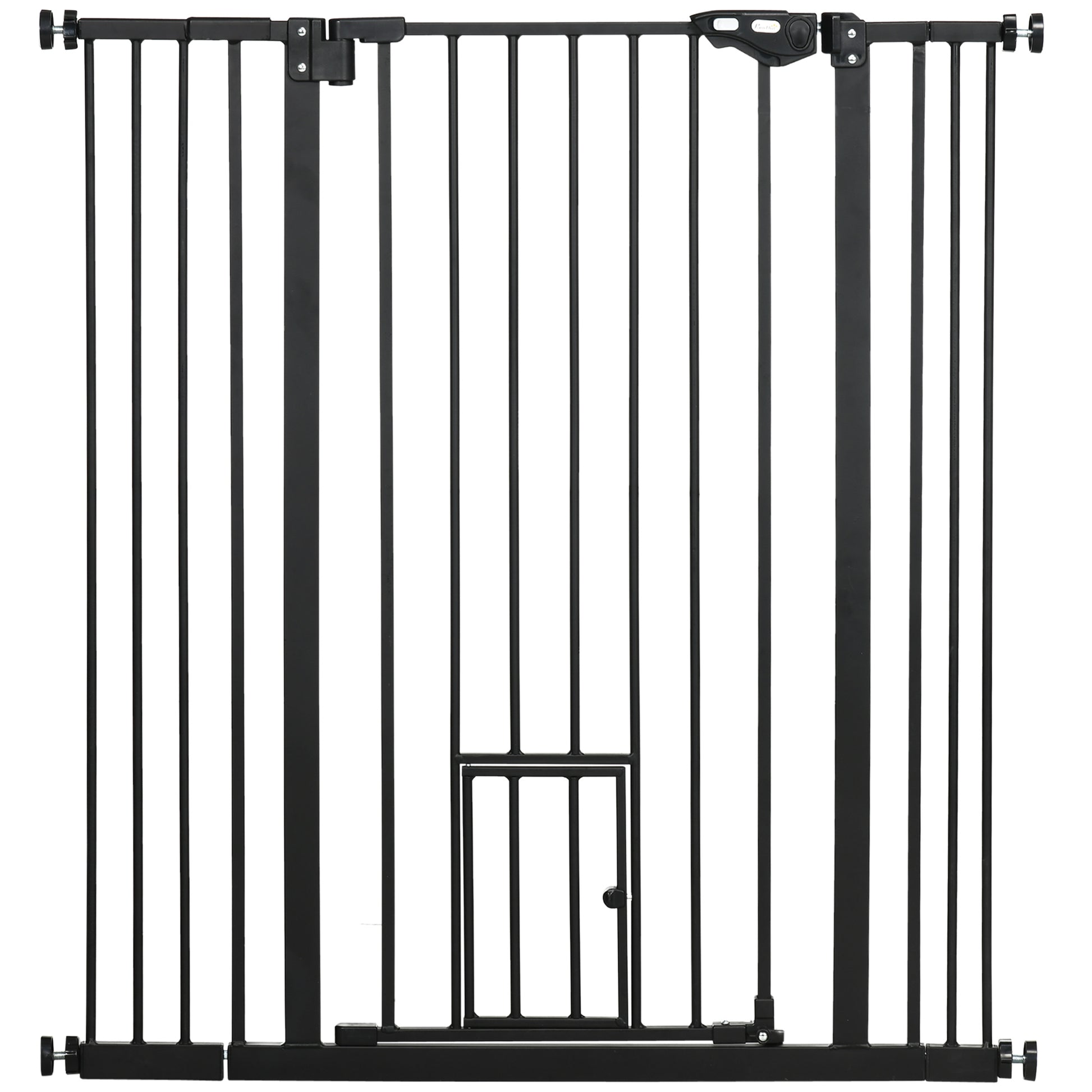 Dog Safety Barrier with 1 Small Door 74-101x104.1 cm Extendable Pet Barrier with Automatic Locking System and Double Lock for Door Hallway Stairs Black