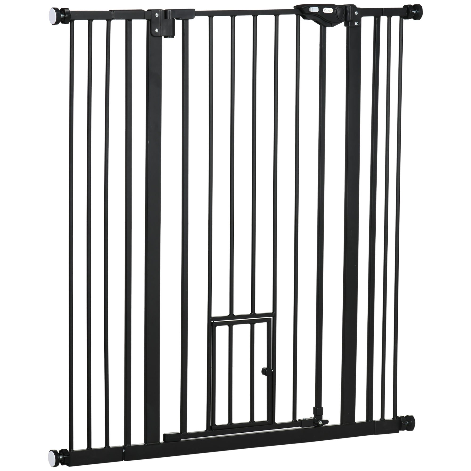 Dog Safety Barrier with 1 Small Door 74-101x104.1 cm Extendable Pet Barrier with Automatic Locking System and Double Lock for Door Hallway Stairs Black