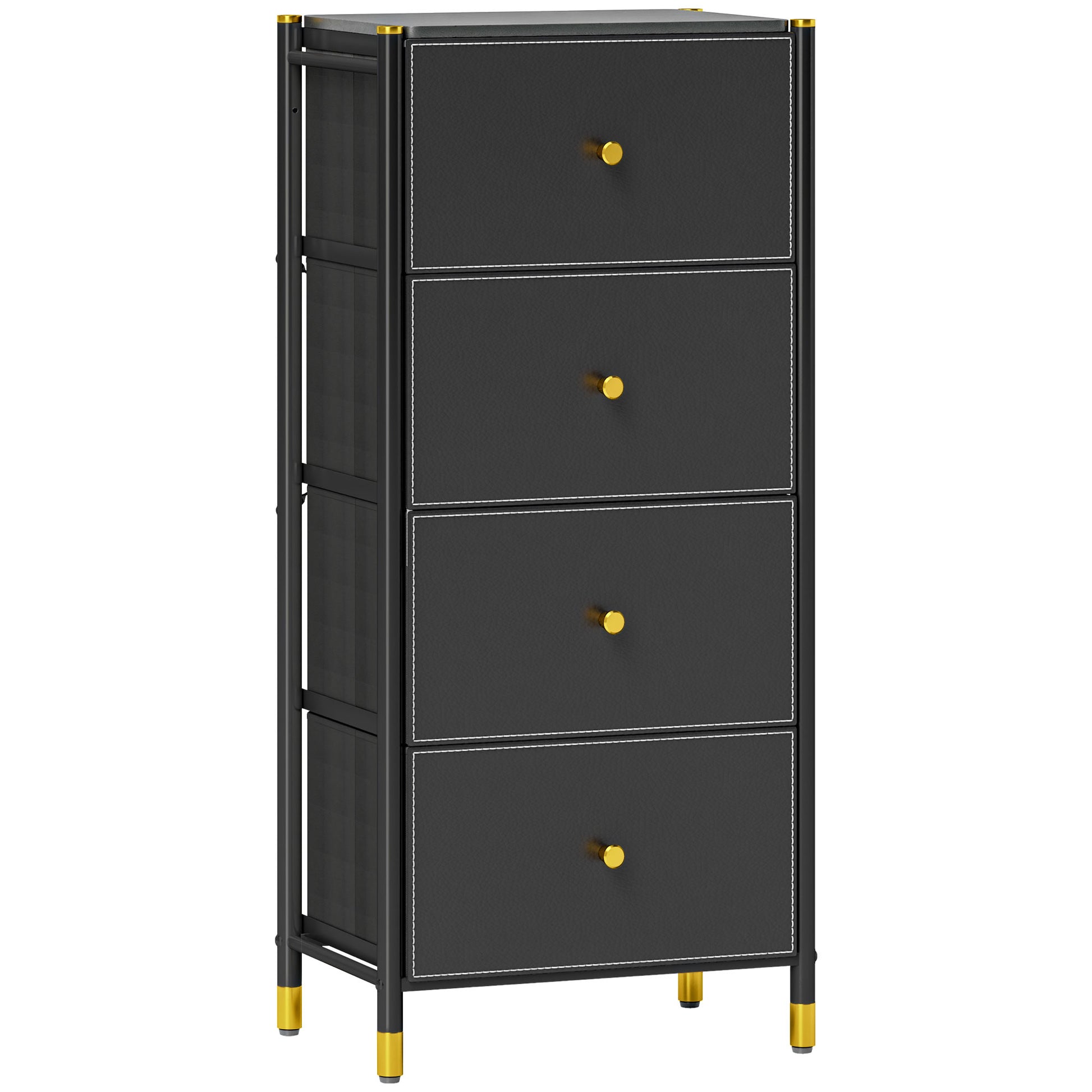 Fabric Chest of Drawers with 4 Foldable Drawers with PU Fronts and Steel Frame for Bedroom Living Room Black