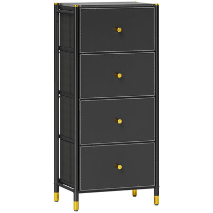 Fabric Chest of Drawers with 4 Foldable Drawers with PU Fronts and Steel Frame for Bedroom Living Room Black