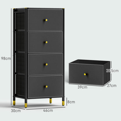 Fabric Chest of Drawers with 4 Foldable Drawers with PU Fronts and Steel Frame for Bedroom Living Room Black