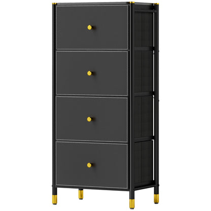 Fabric Chest of Drawers with 4 Foldable Drawers with PU Fronts and Steel Frame for Bedroom Living Room Black
