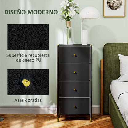Fabric Chest of Drawers with 4 Foldable Drawers with PU Fronts and Steel Frame for Bedroom Living Room Black