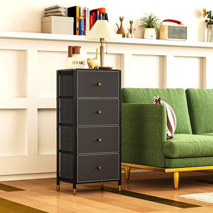 Fabric Chest of Drawers with 4 Foldable Drawers with PU Fronts and Steel Frame for Bedroom Living Room Black