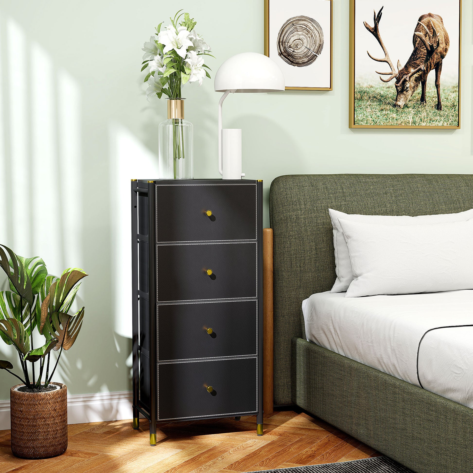 Fabric Chest of Drawers with 4 Foldable Drawers with PU Fronts and Steel Frame for Bedroom Living Room Black