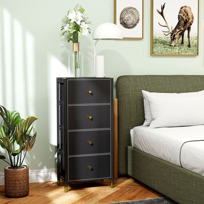 Fabric Chest of Drawers with 4 Foldable Drawers with PU Fronts and Steel Frame for Bedroom Living Room Black