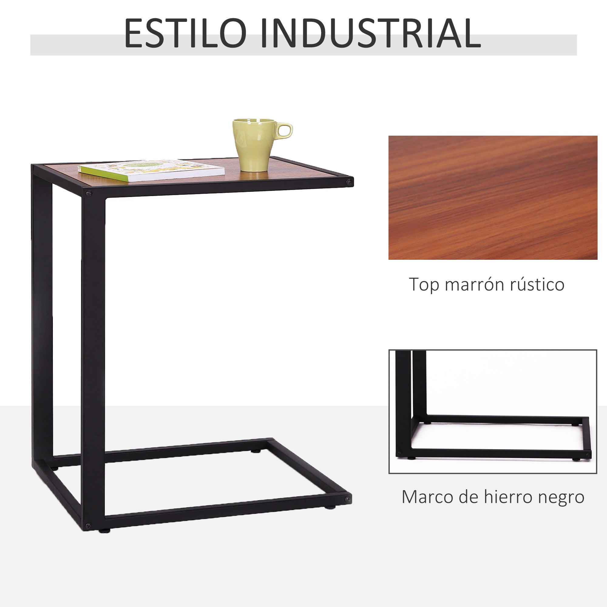 Small Side Table for Sofa in C Shape Metal Frame and MDF Wood Board for Living Room 40.6x50.8x64.2 cm Walnut