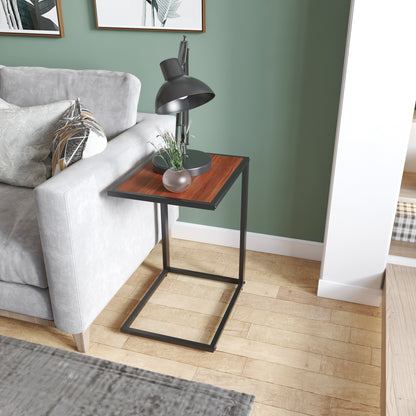 Small Side Table for Sofa in C Shape Metal Frame and MDF Wood Board for Living Room 40.6x50.8x64.2 cm Walnut