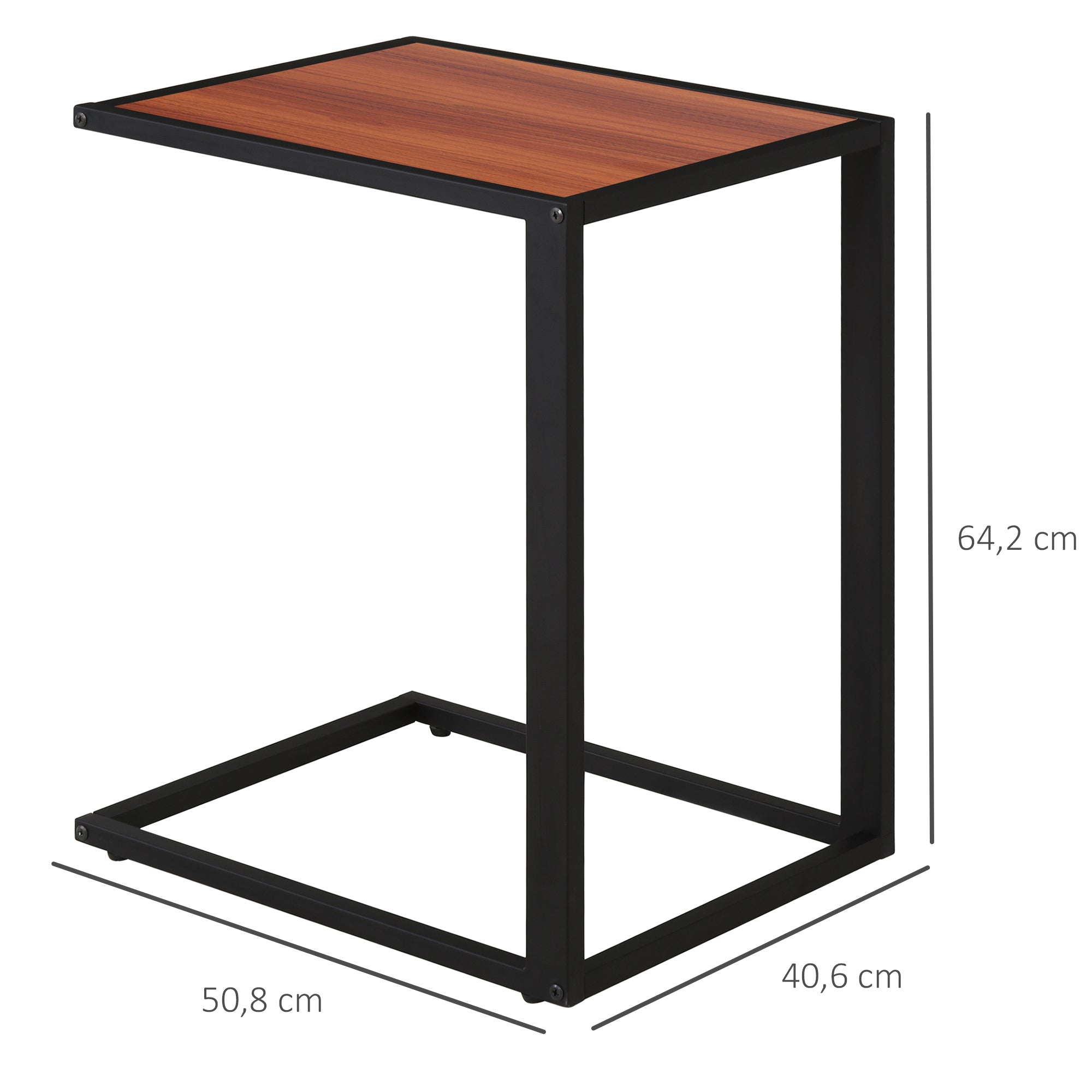 Small Side Table for Sofa in C Shape Metal Frame and MDF Wood Board for Living Room 40.6x50.8x64.2 cm Walnut