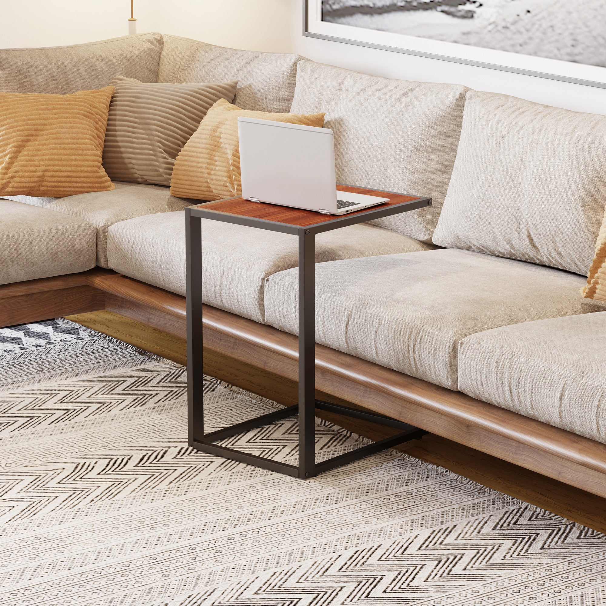 Small Side Table for Sofa in C Shape Metal Frame and MDF Wood Board for Living Room 40.6x50.8x64.2 cm Walnut