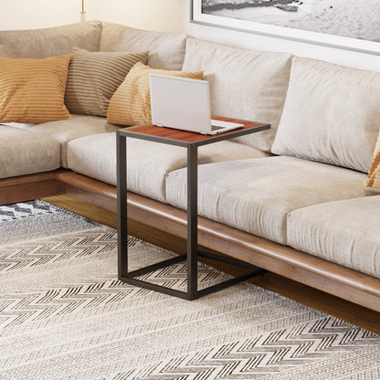 Small Side Table for Sofa in C Shape Metal Frame and MDF Wood Board for Living Room 40.6x50.8x64.2 cm Walnut