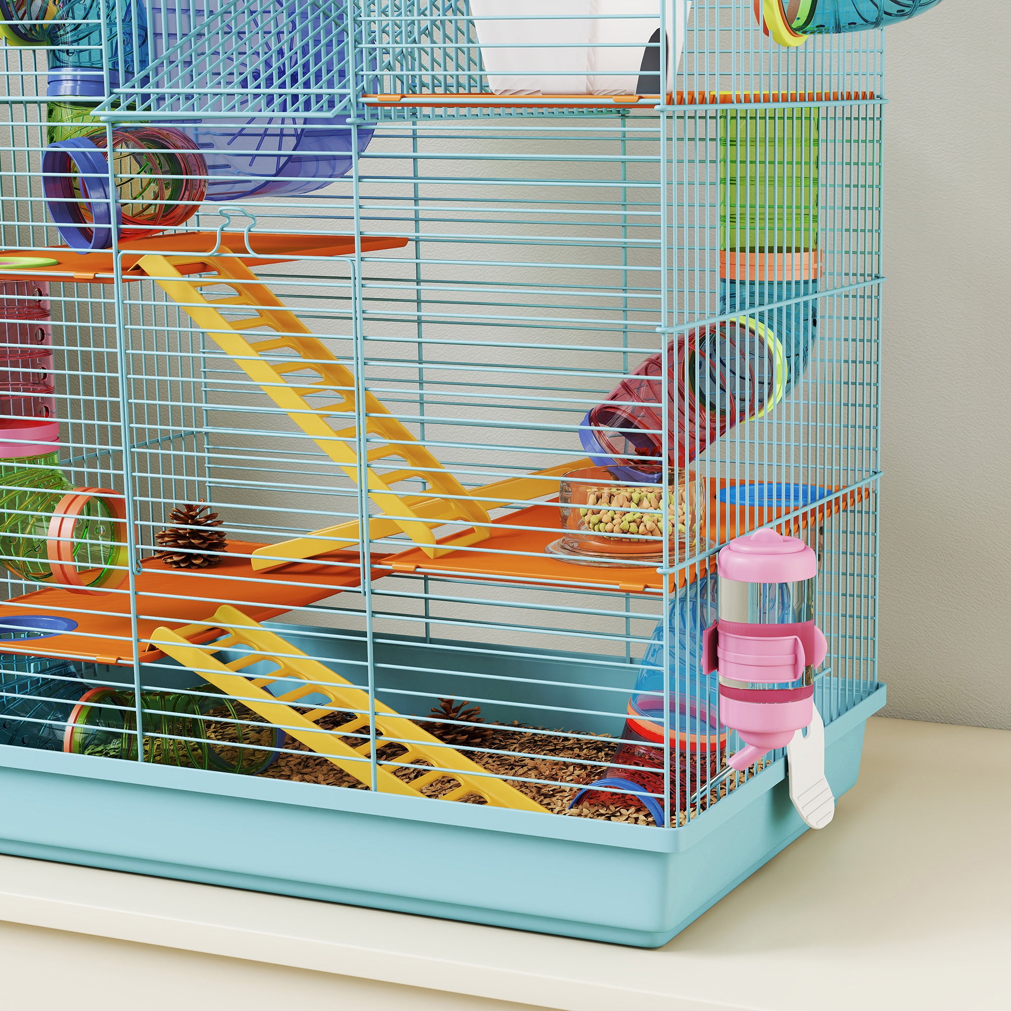 Hamster Cage Habitat for Small Animals with Multiple Levels 4 Platforms Food Bowl Water Dispenser Exercise Wheel Ladders Tube System 47x30x59 cm Light Blue