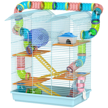 Hamster Cage Habitat for Small Animals with Multiple Levels 4 Platforms Food Bowl Water Dispenser Exercise Wheel Ladders Tube System 47x30x59 cm Light Blue