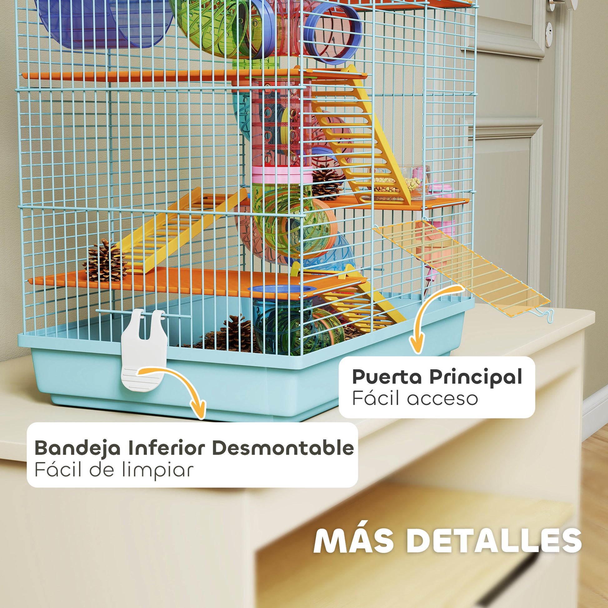 Hamster Cage Habitat for Small Animals with Multiple Levels 4 Platforms Food Bowl Water Dispenser Exercise Wheel Ladders Tube System 47x30x59 cm Light Blue