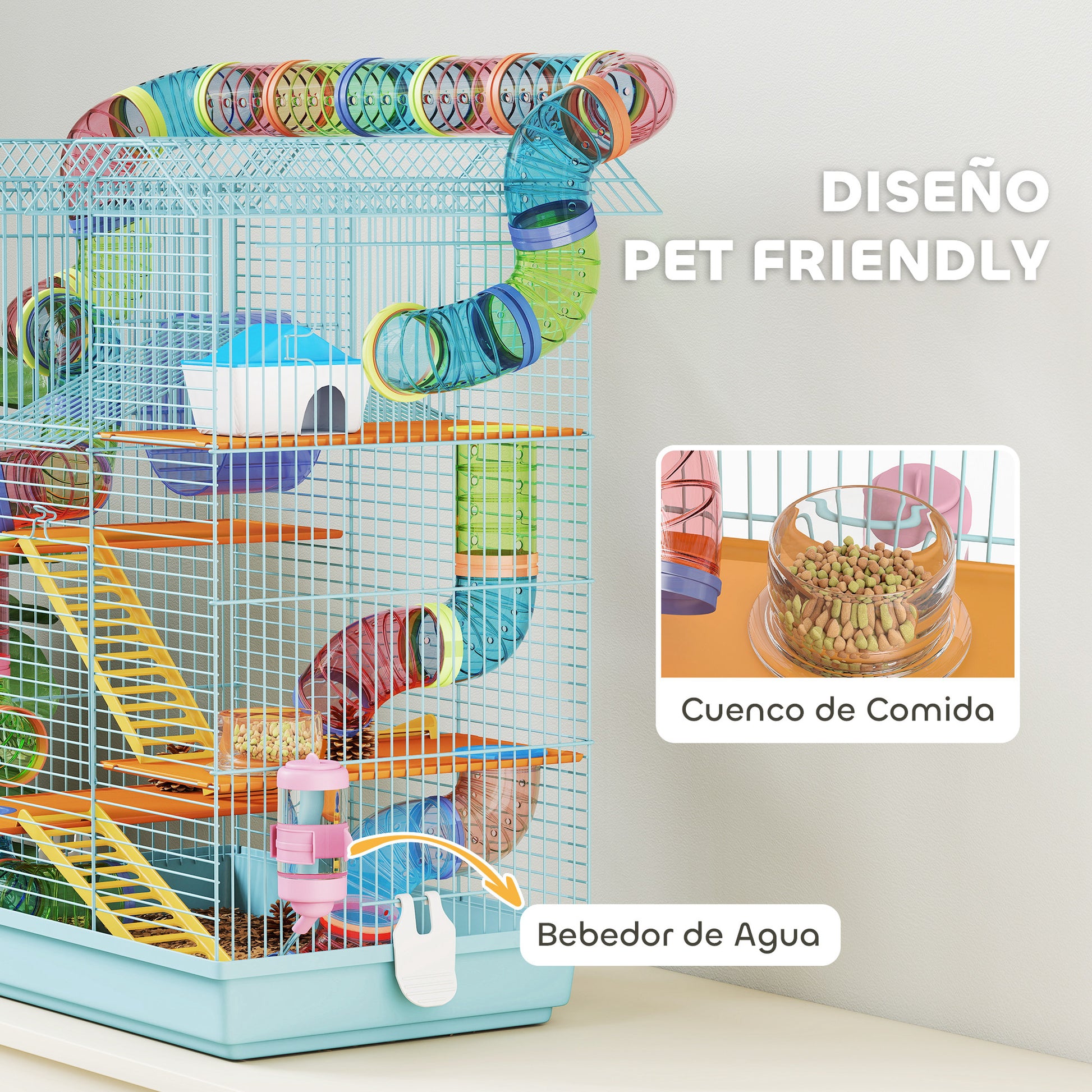 Hamster Cage Habitat for Small Animals with Multiple Levels 4 Platforms Food Bowl Water Dispenser Exercise Wheel Ladders Tube System 47x30x59 cm Light Blue
