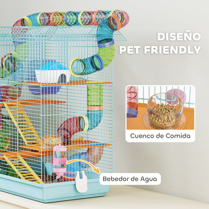 Hamster Cage Habitat for Small Animals with Multiple Levels 4 Platforms Food Bowl Water Dispenser Exercise Wheel Ladders Tube System 47x30x59 cm Light Blue