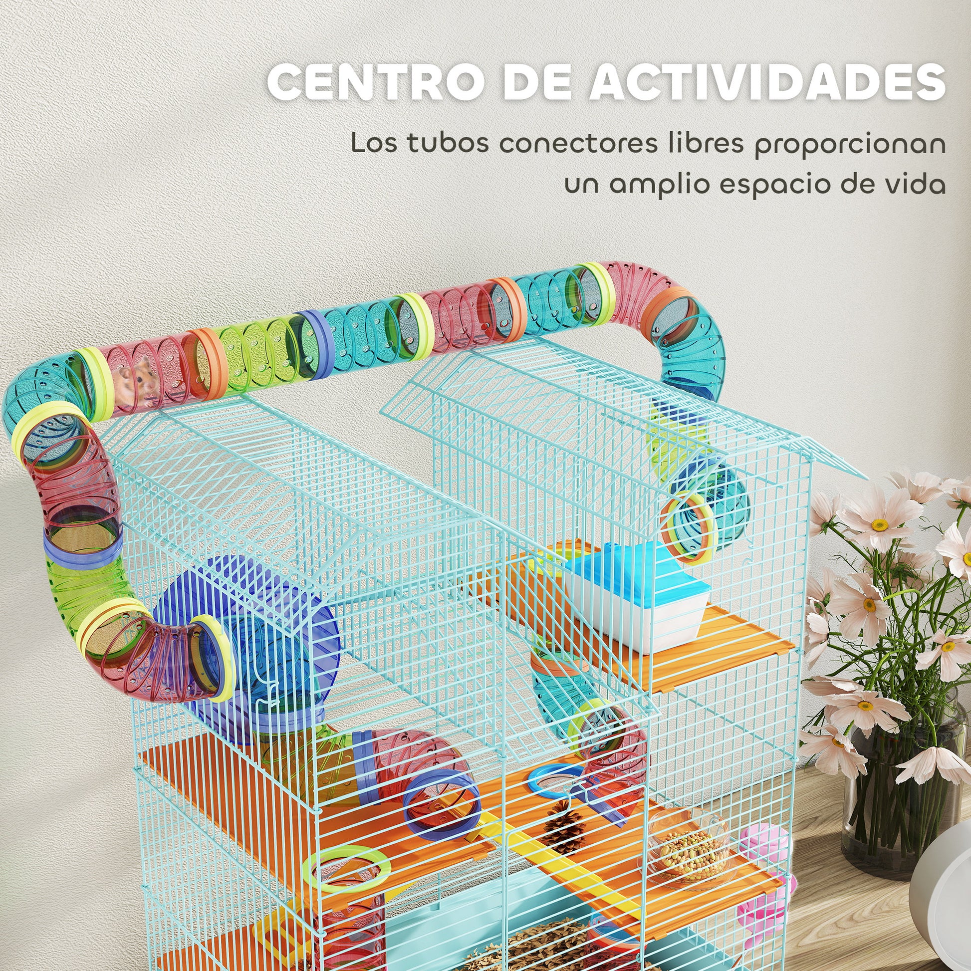 Hamster Cage Habitat for Small Animals with Multiple Levels 4 Platforms Food Bowl Water Dispenser Exercise Wheel Ladders Tube System 47x30x59 cm Light Blue