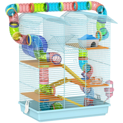 Hamster Cage Habitat for Small Animals with Multiple Levels 4 Platforms Food Bowl Water Dispenser Exercise Wheel Ladders Tube System 47x30x59 cm Light Blue