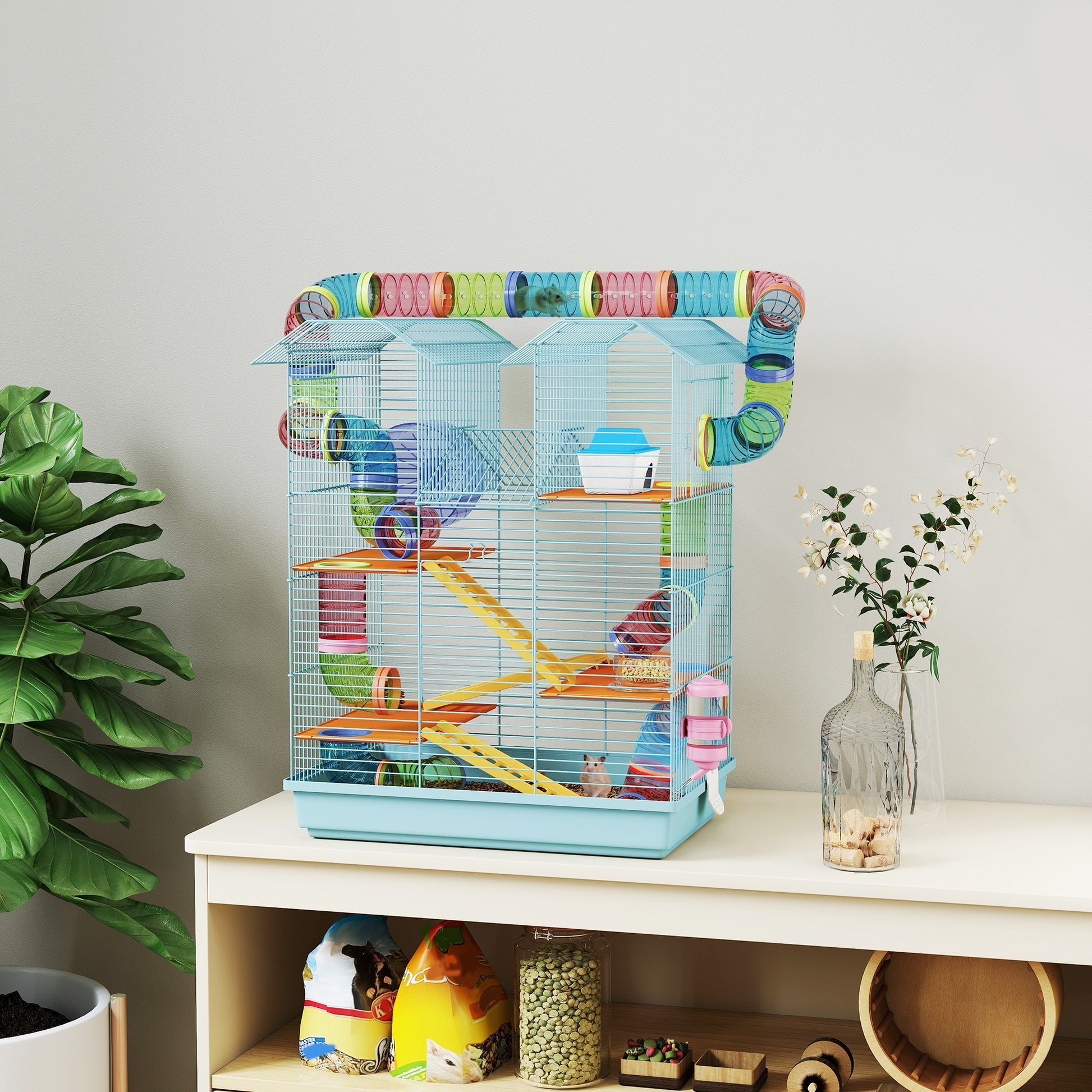 Hamster Cage Habitat for Small Animals with Multiple Levels 4 Platforms Food Bowl Water Dispenser Exercise Wheel Ladders Tube System 47x30x59 cm Light Blue