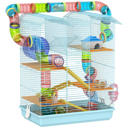 Hamster Cage Habitat for Small Animals with Multiple Levels 4 Platforms Food Bowl Water Dispenser Exercise Wheel Ladders Tube System 47x30x59 cm Light Blue