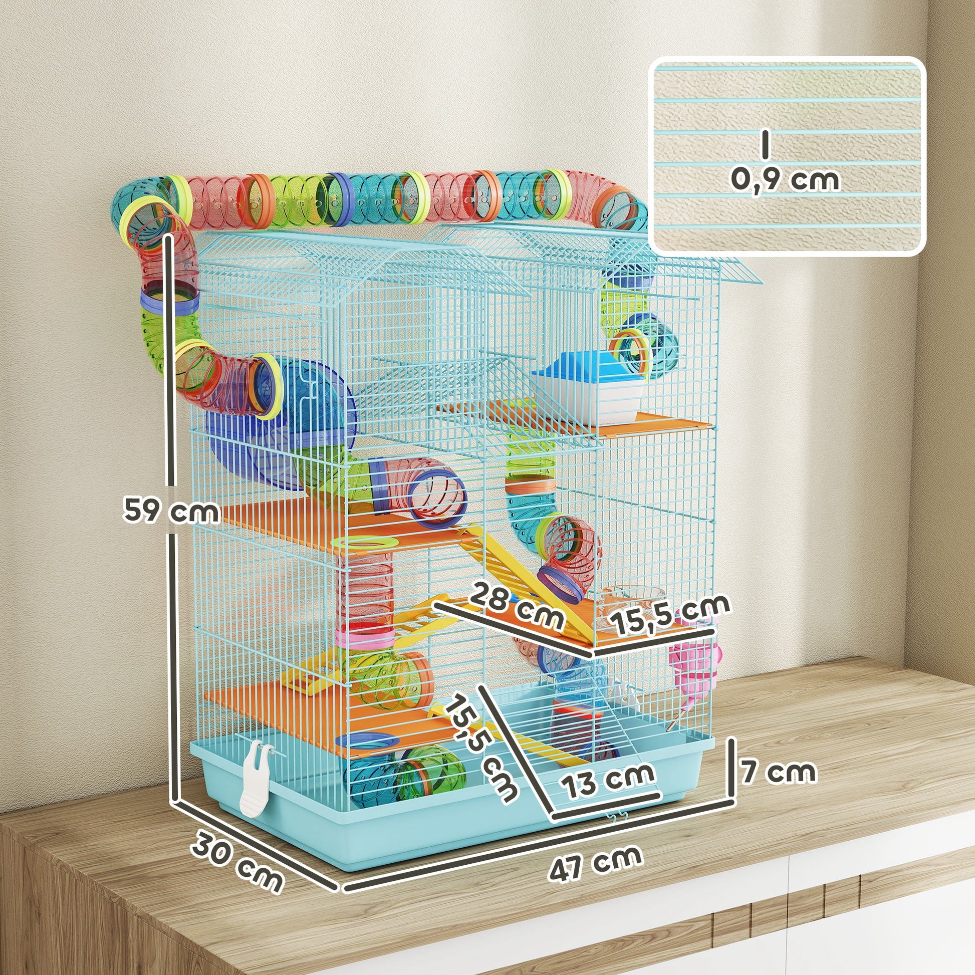 Hamster Cage Habitat for Small Animals with Multiple Levels 4 Platforms Food Bowl Water Dispenser Exercise Wheel Ladders Tube System 47x30x59 cm Light Blue