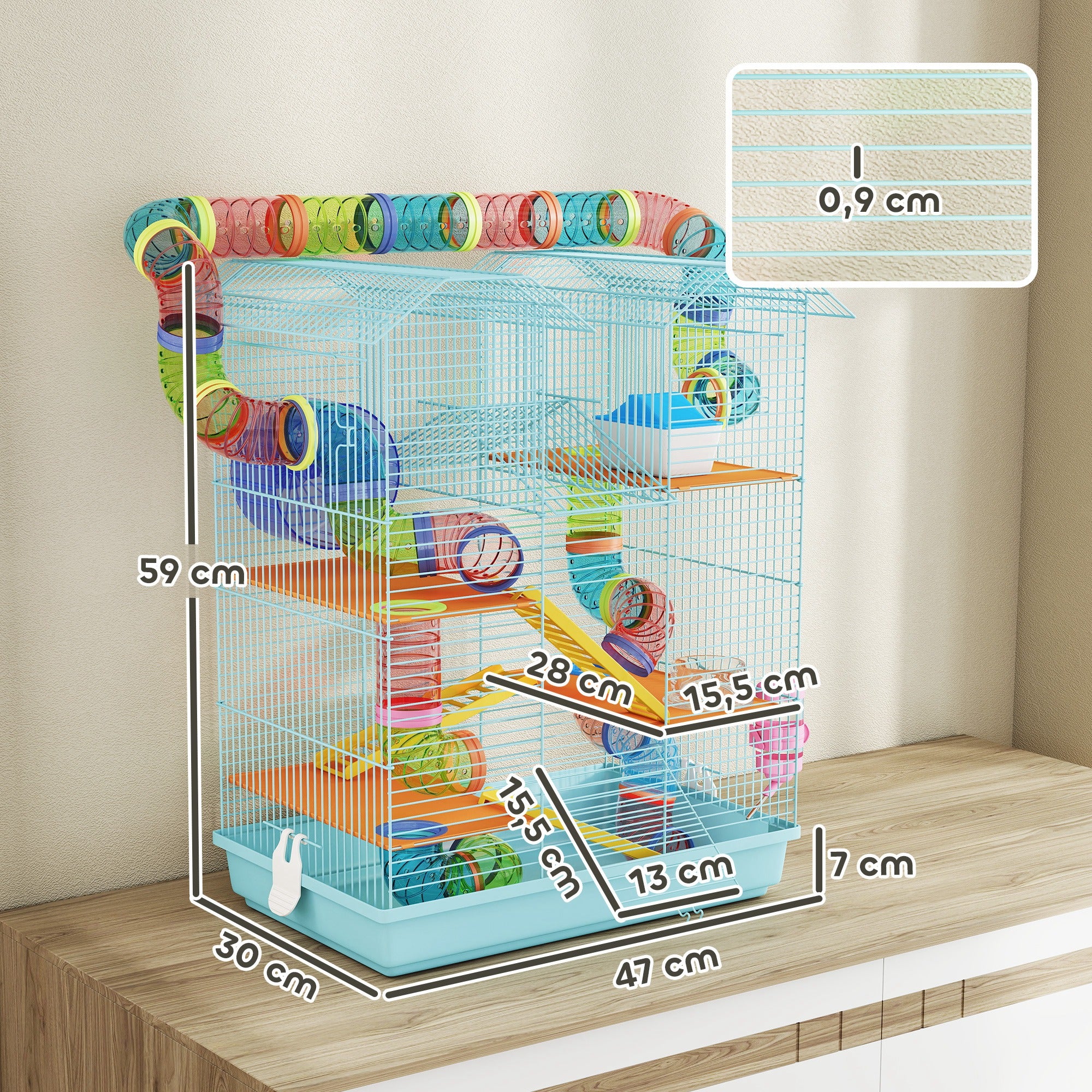 Hamster Cage Habitat for Small Animals with Multiple Levels 4 Platforms Food Bowl Water Dispenser Exercise Wheel Ladders Tube System 47x30x59 cm Light Blue
