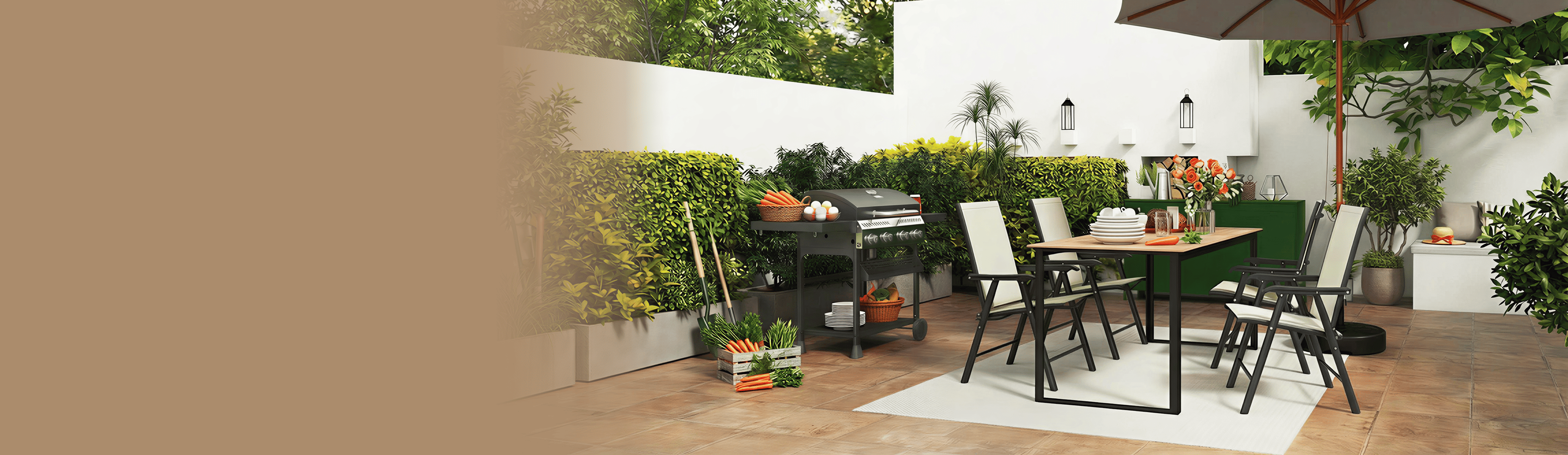 Outdoor patio with a grill, chairs, and garden setting