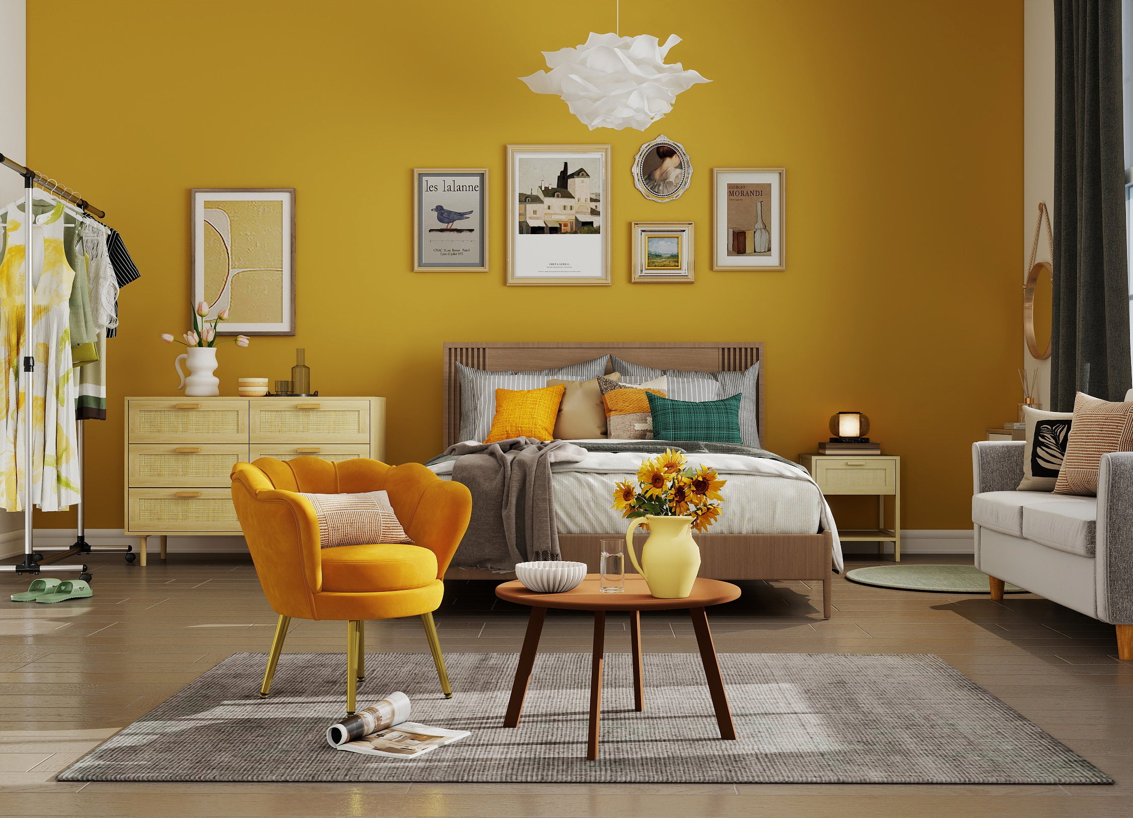 Modern bedroom with yellow walls, furniture, and decor.
