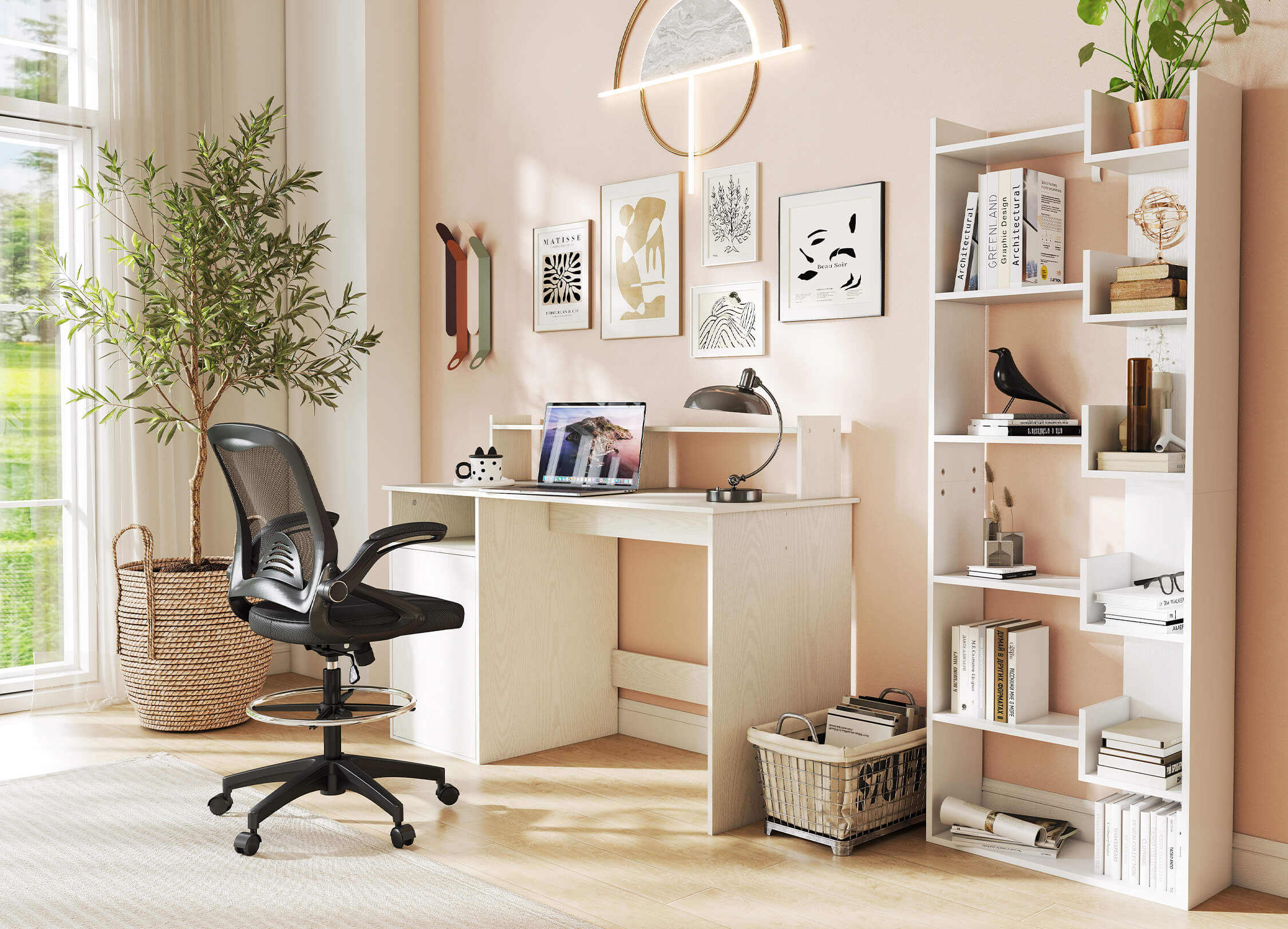 Home office with a desk, chair, and bookshelf.