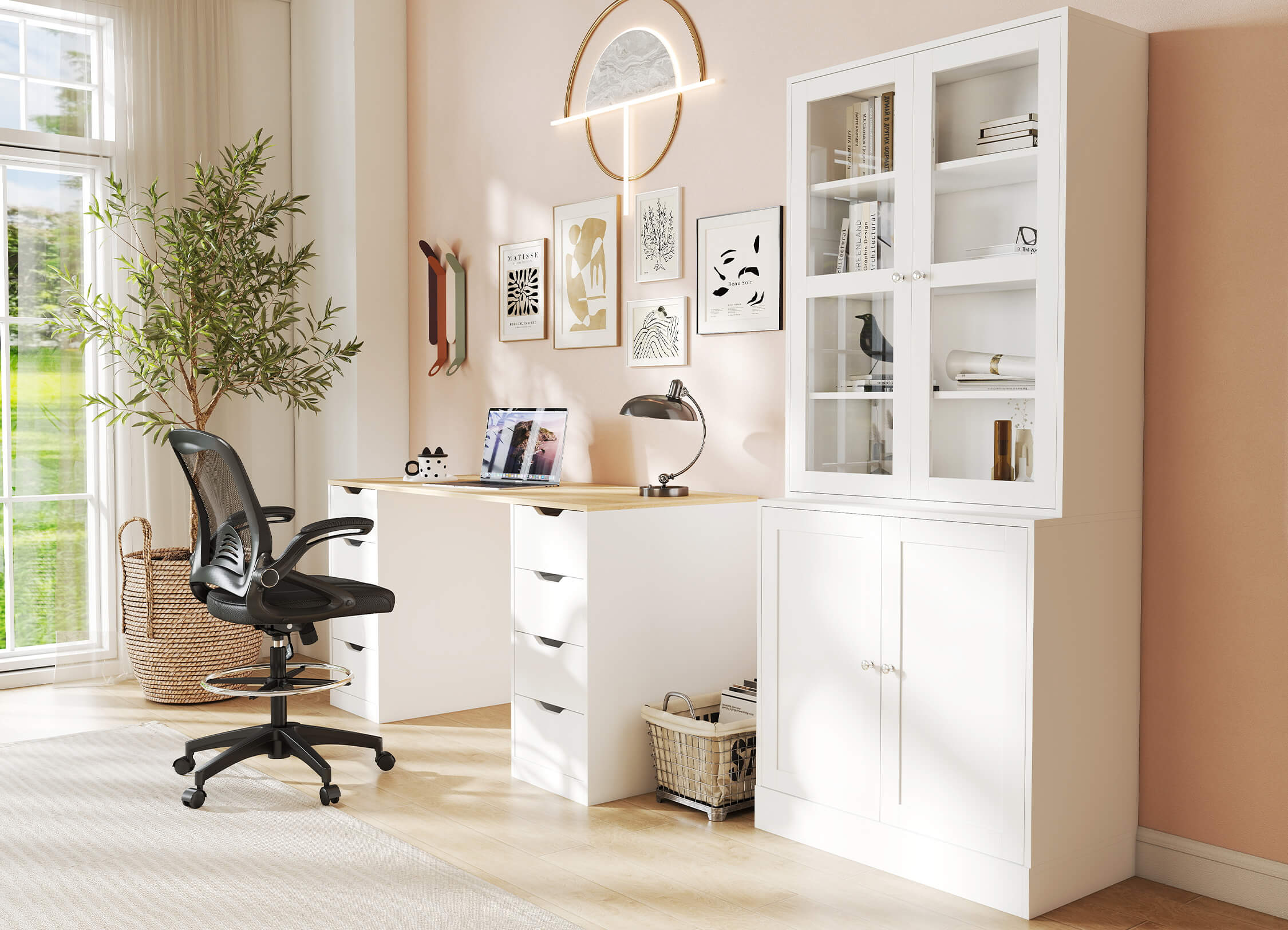 Modern home office with white L-shaped desk, chair, and bookshelf.