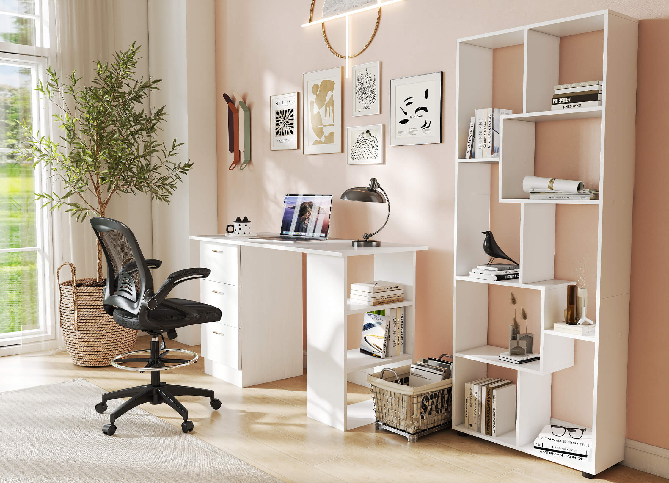 Home office with a desk, chair, and bookshelf.