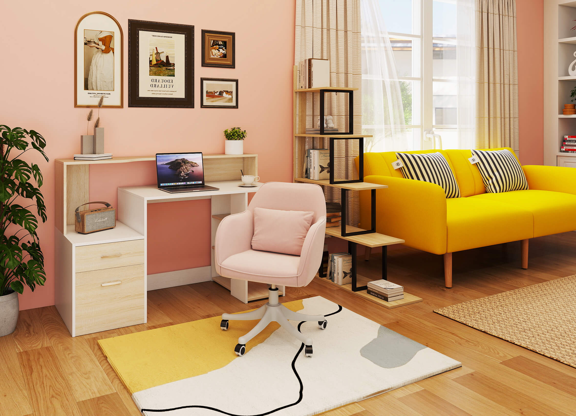 Modern living room with a yellow sofa, pink chair, and white desk.