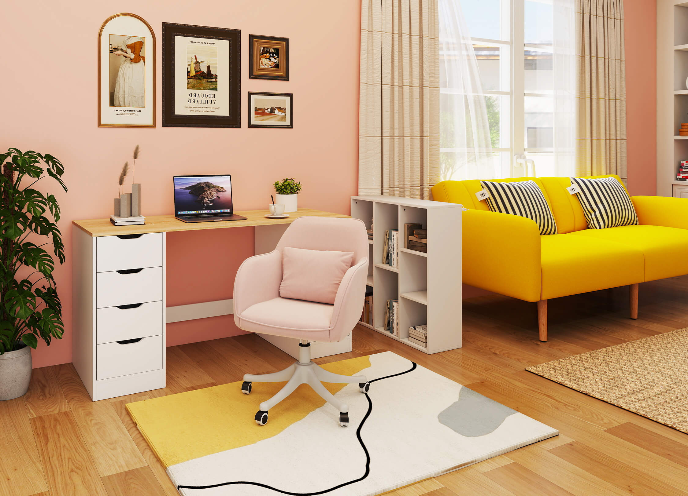 Modern living room with yellow sofa, white desk, and pink chair.