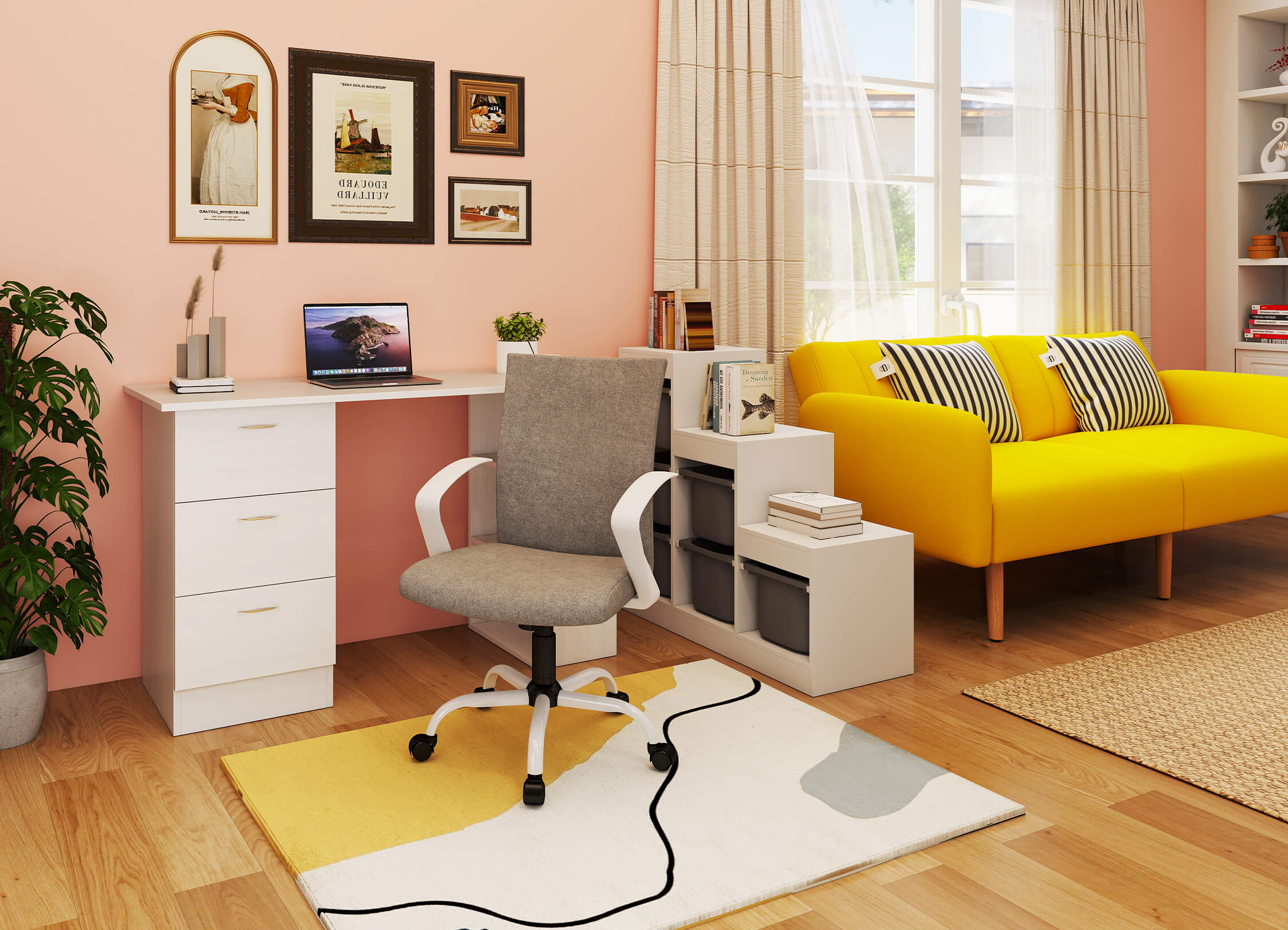 Modern living room with yellow sofa, white desk, and gray chair.
