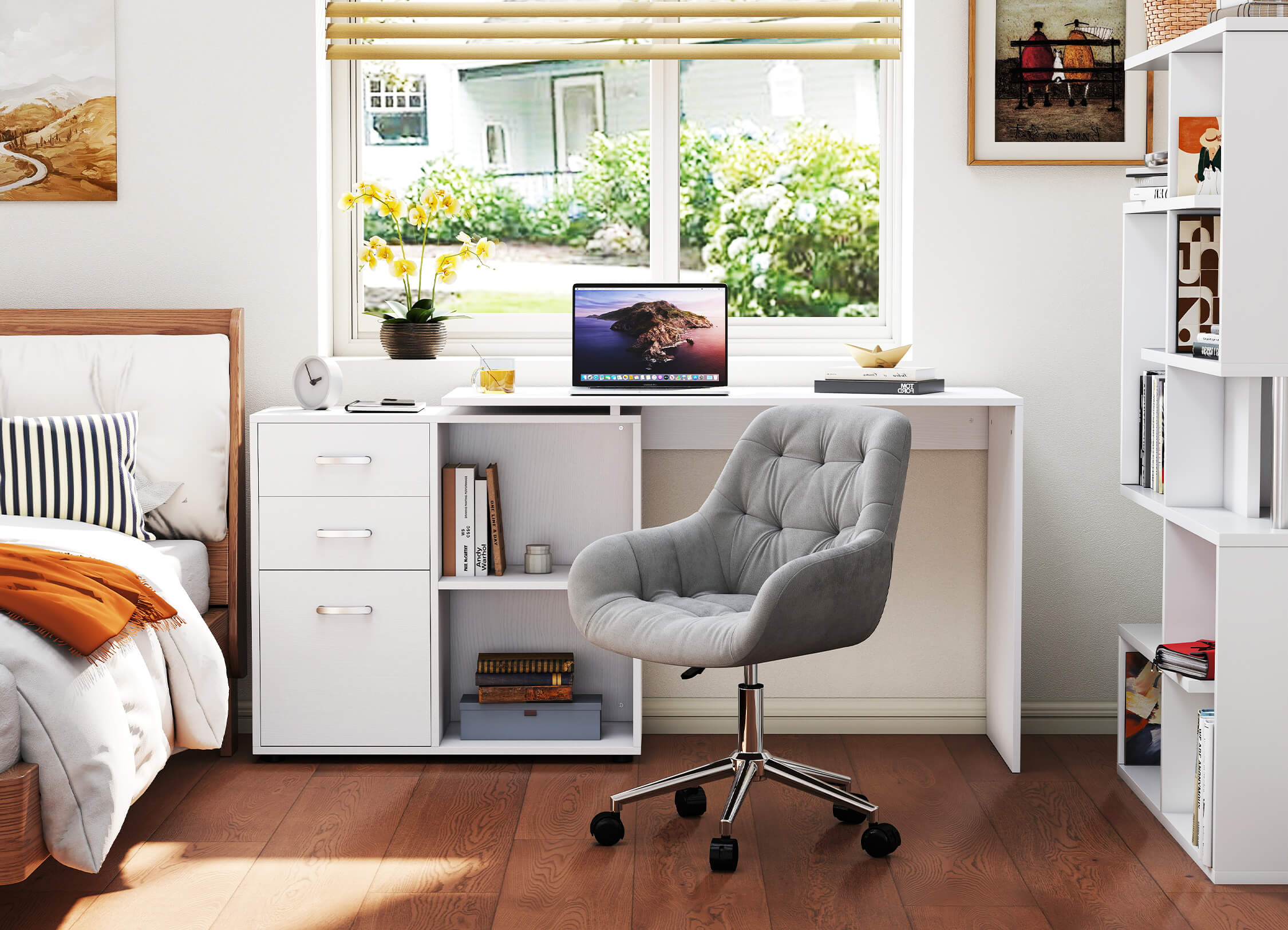 Small home office with desk, chair, and bed in a bright room.