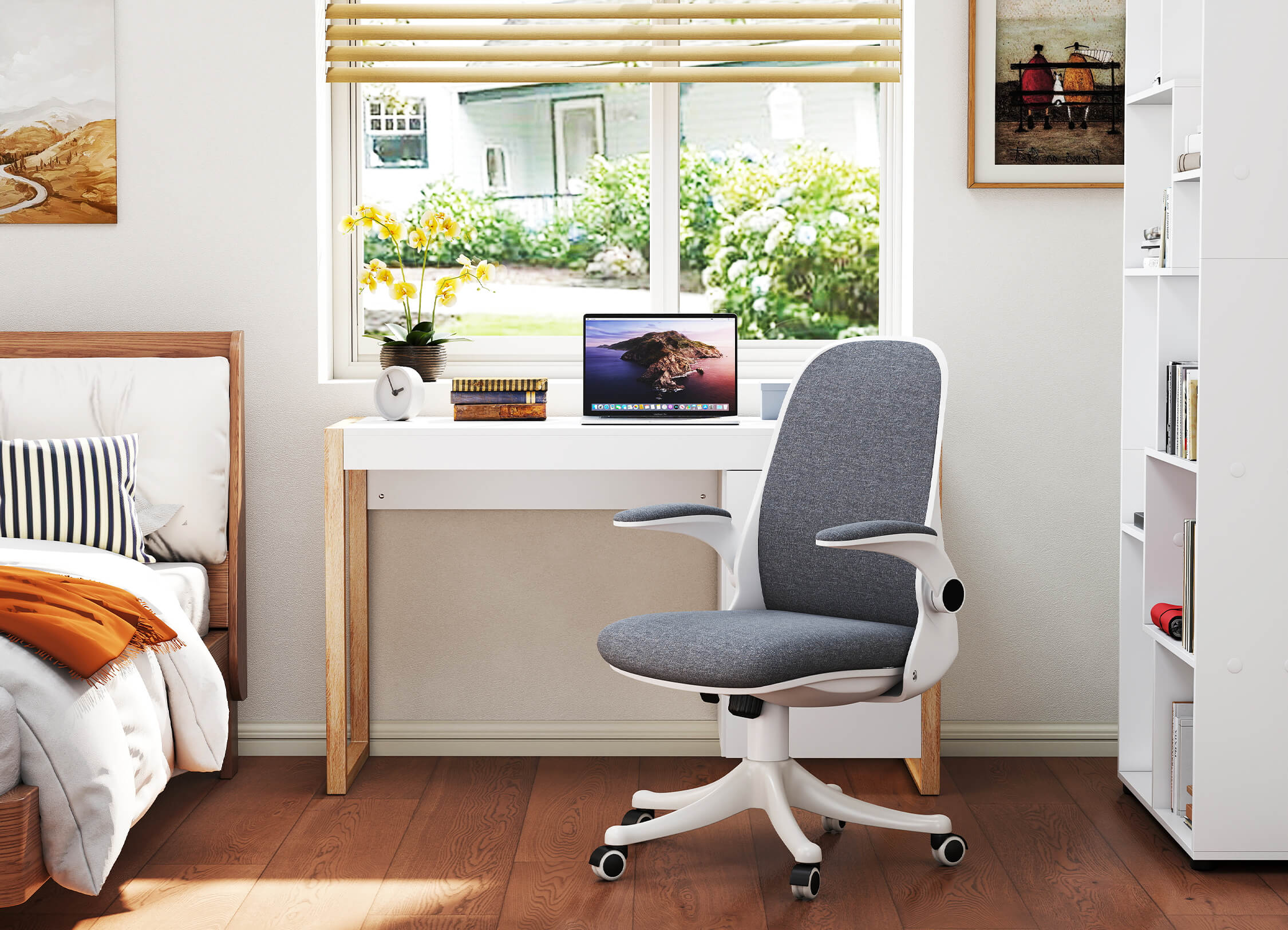Modern bedroom with a desk, chair, and computer setup.
