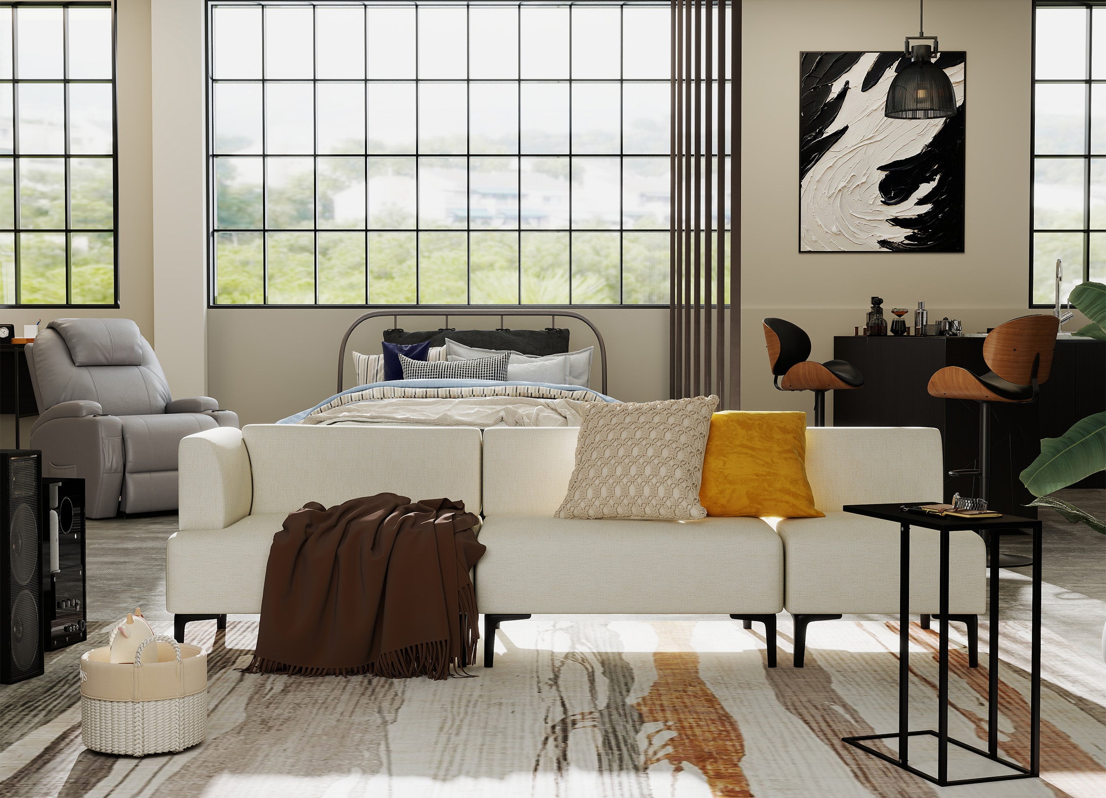 Modern living room with a white sofa, armchair, and decorative elements.