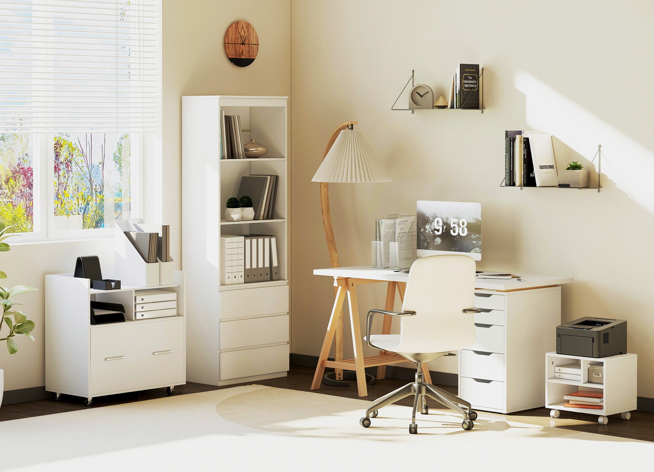 Modern office setup with desk, chair, and shelves in a bright room.