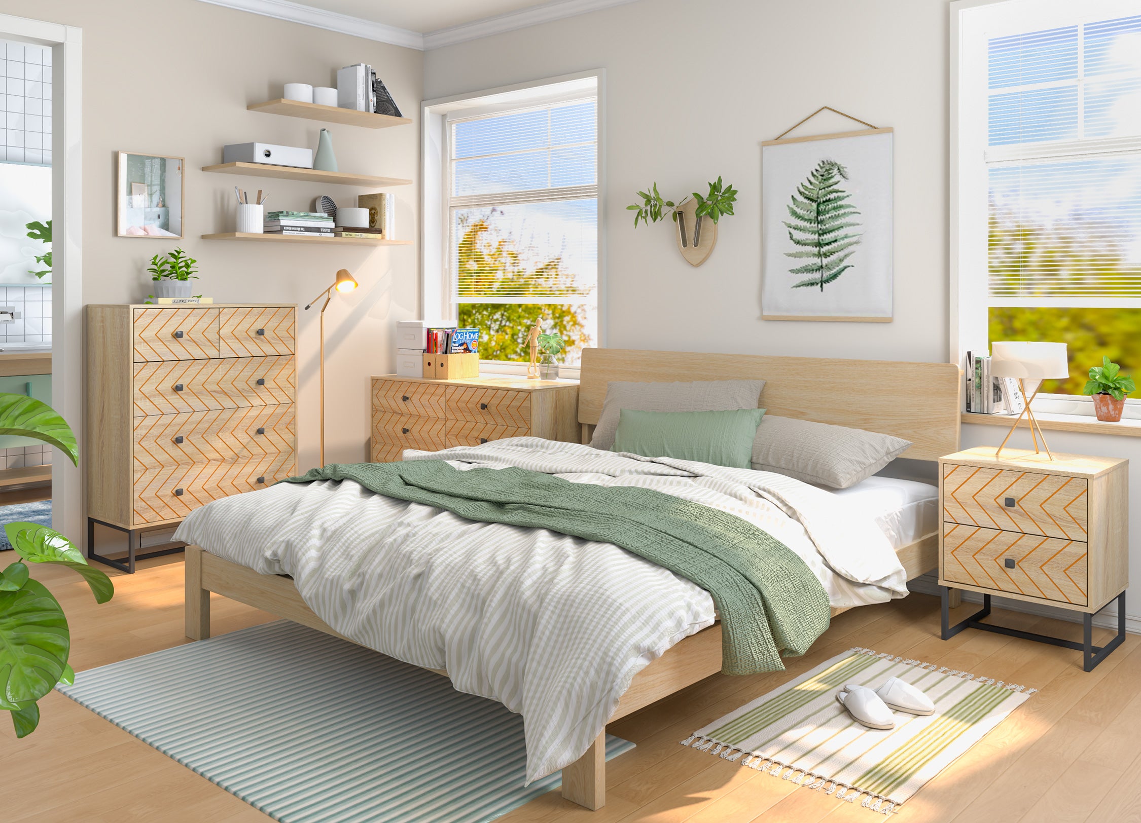 Modern bedroom with wooden furniture, green bedding, and decorative plants.