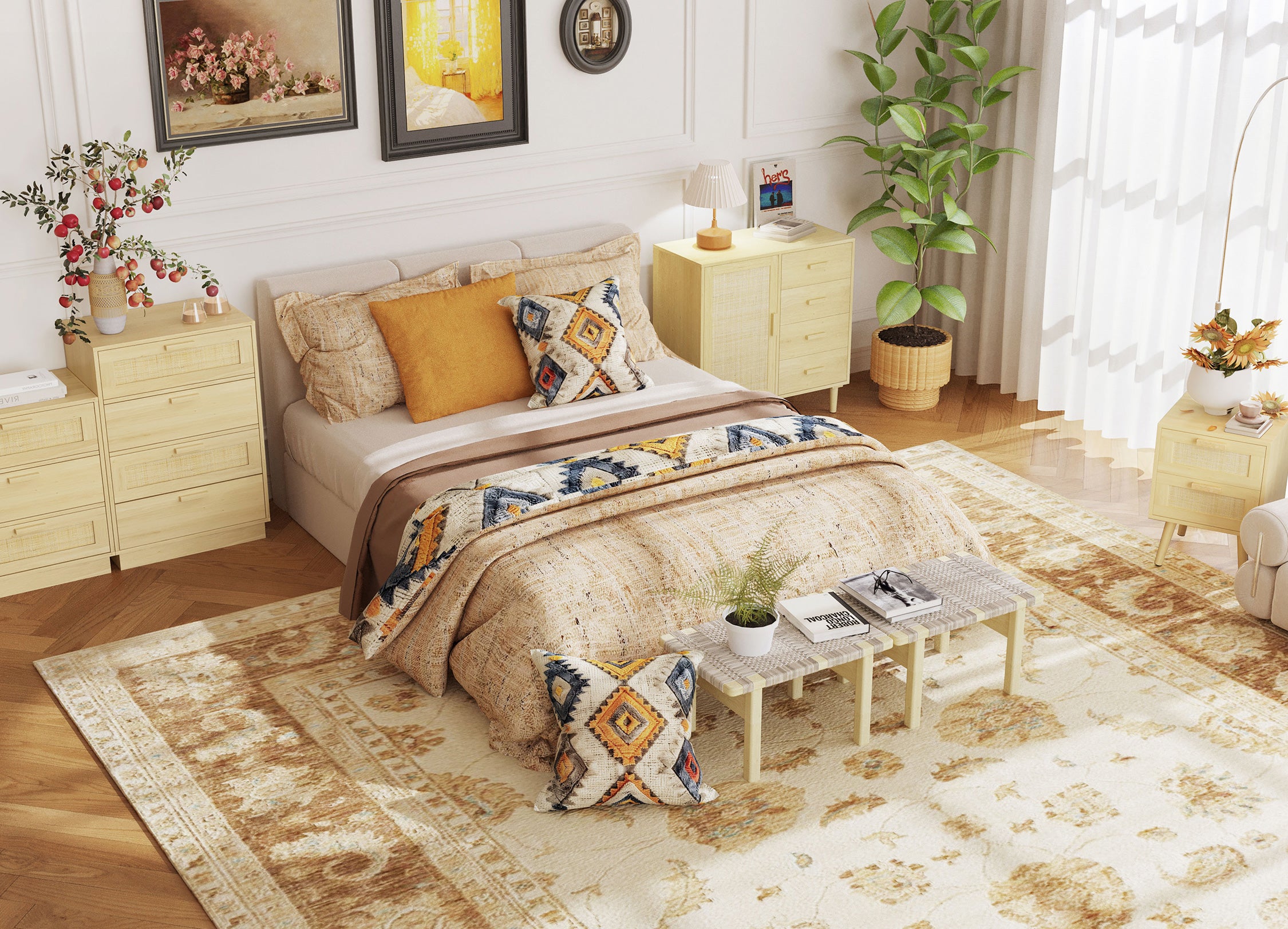 Neatly arranged bedroom with a bed, side tables, and decor items.