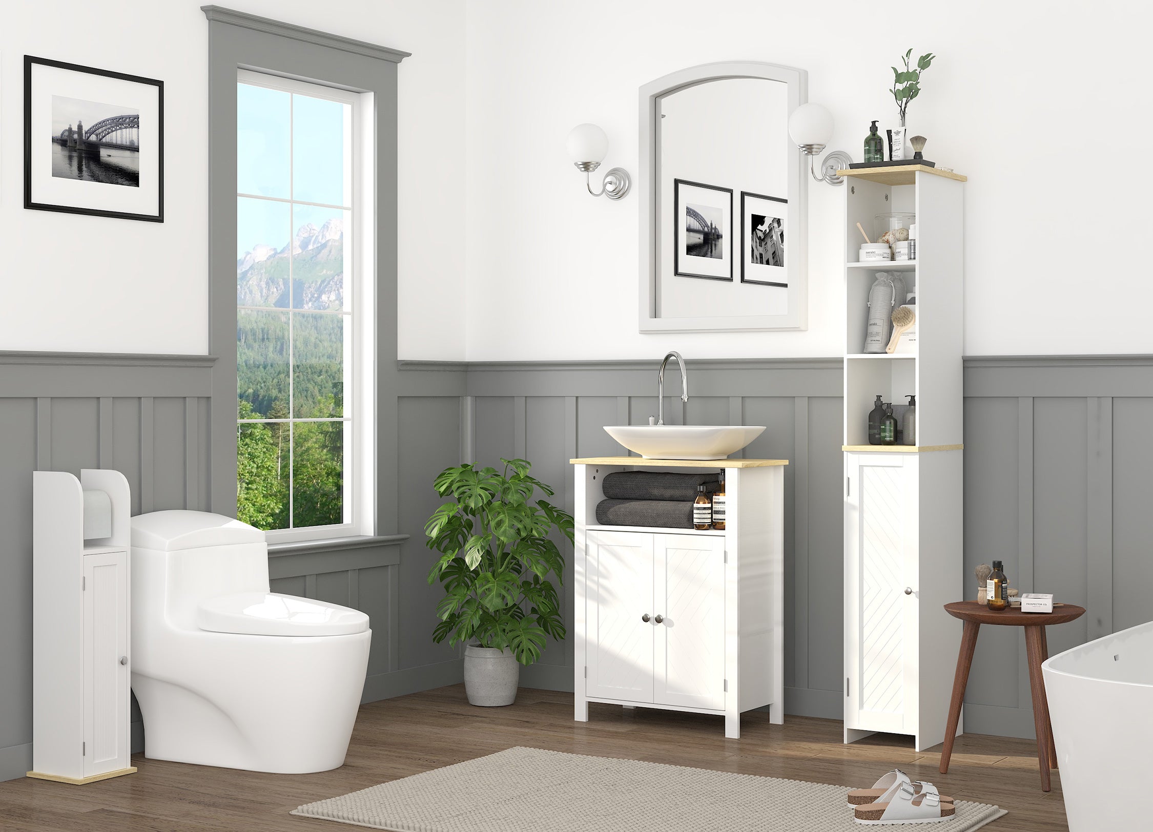 Bathroom interior with white vanity, toilet, and storage cabinet.