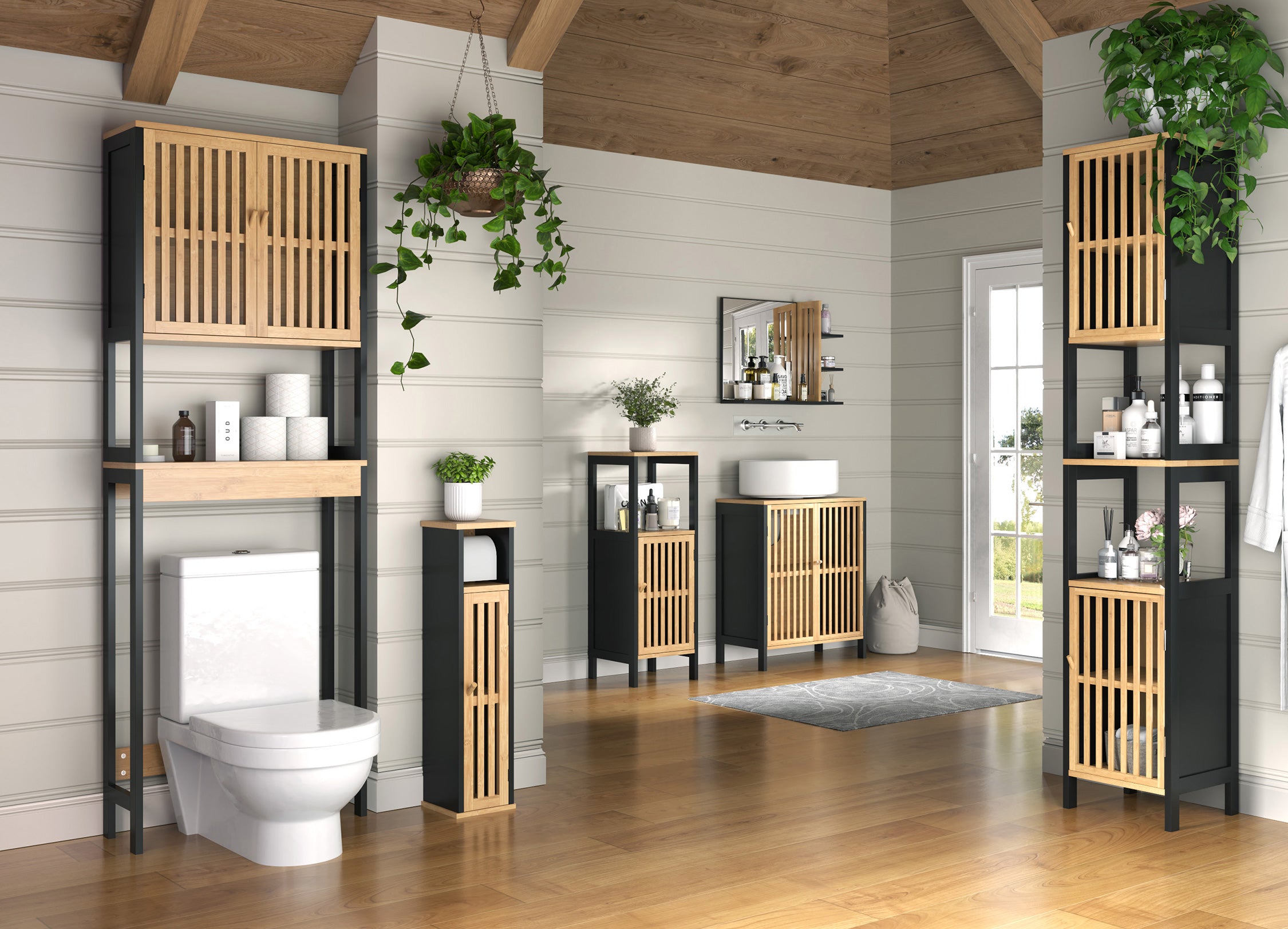 Bathroom interior with wooden shelves, toilet, and sink.