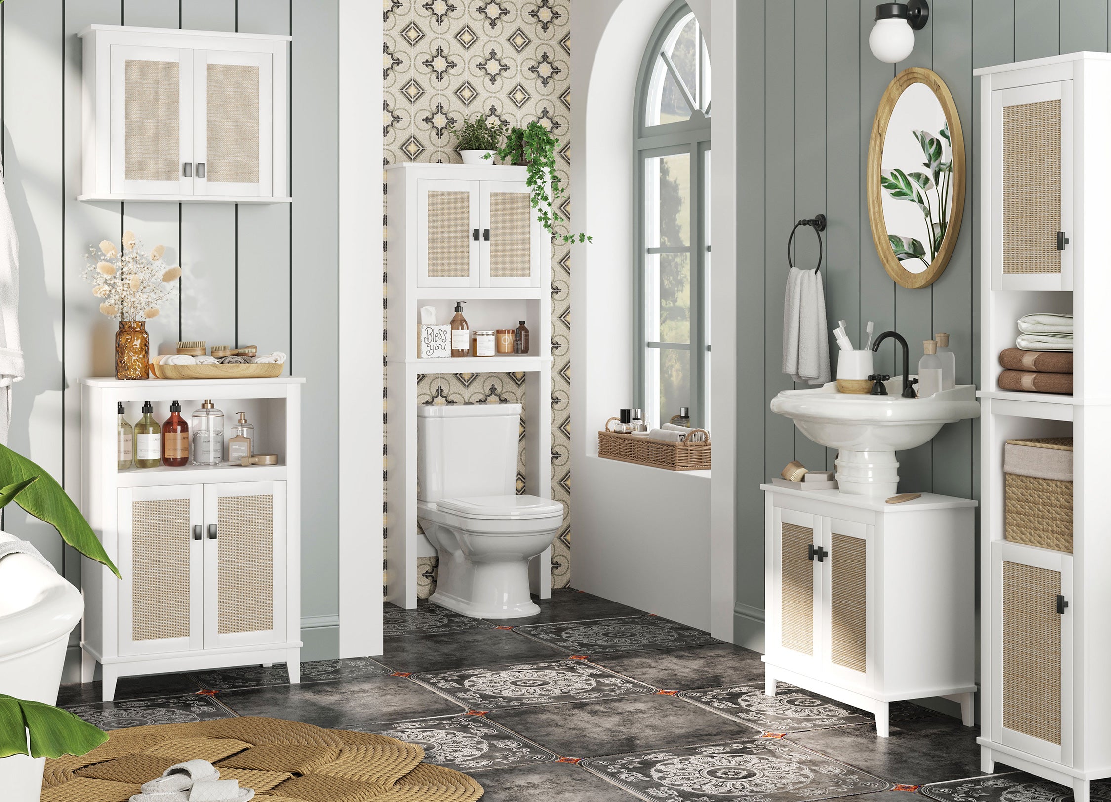 Bathroom with white vanity, toilet, and storage shelves against a gray wall with patterned wallpaper.