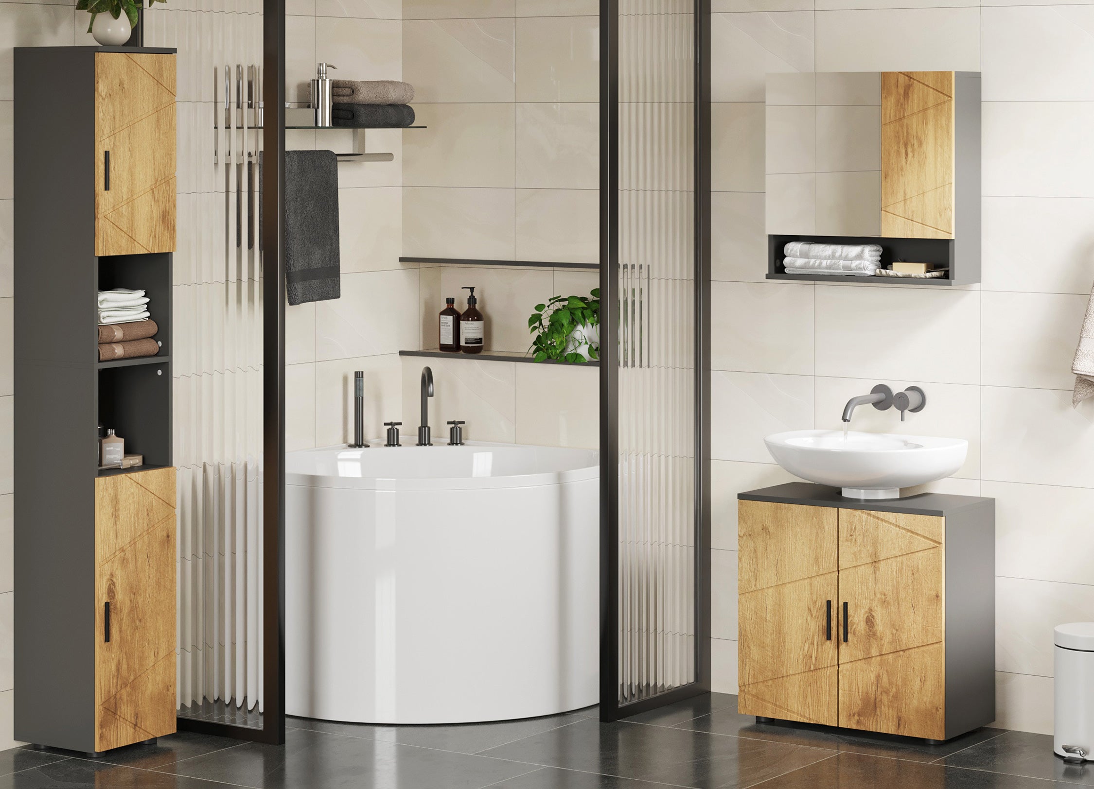 Modern bathroom with a freestanding bathtub, wooden cabinets, and a sink.