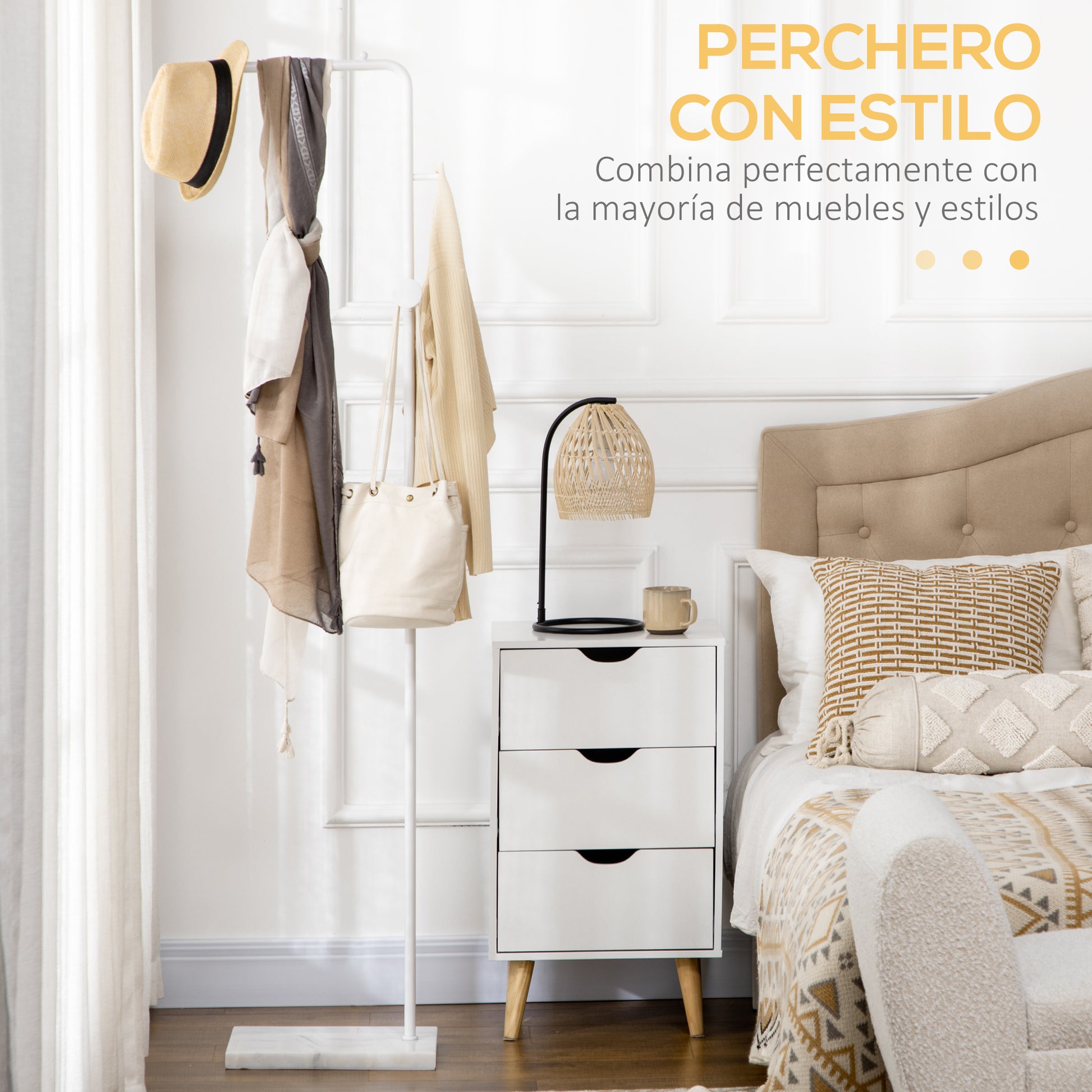 Coat Rack with Marble Base Modern Coat Stand with 2 Round Hooks Hangers for Bedroom Hallway Entryway 35x25x170 cm White