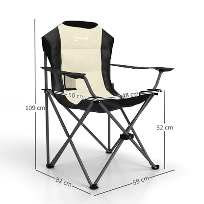 Set of 2 High Back Folding Camping Chairs with Portable Armrests, Cup Holders, and Carry Bags for Camping, Garden, Terrace Cream and Black