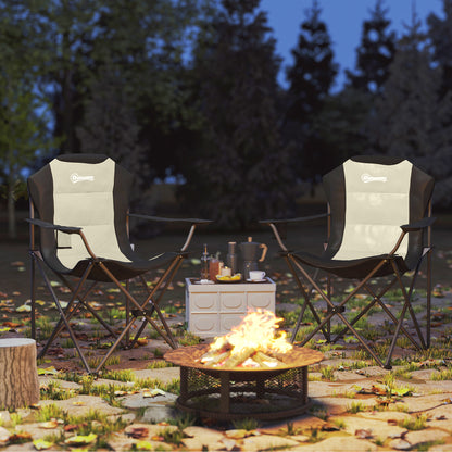 Set of 2 High Back Folding Camping Chairs with Portable Armrests, Cup Holders, and Carry Bags for Camping, Garden, Terrace Cream and Black